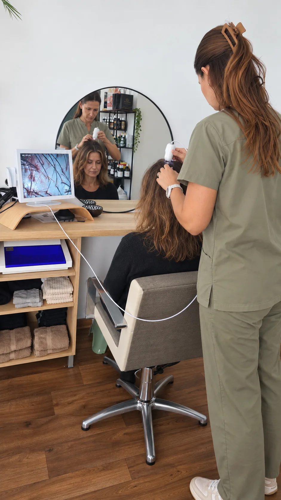 Profissional a observar o couro cabeludo de uma cliente durante a consulta