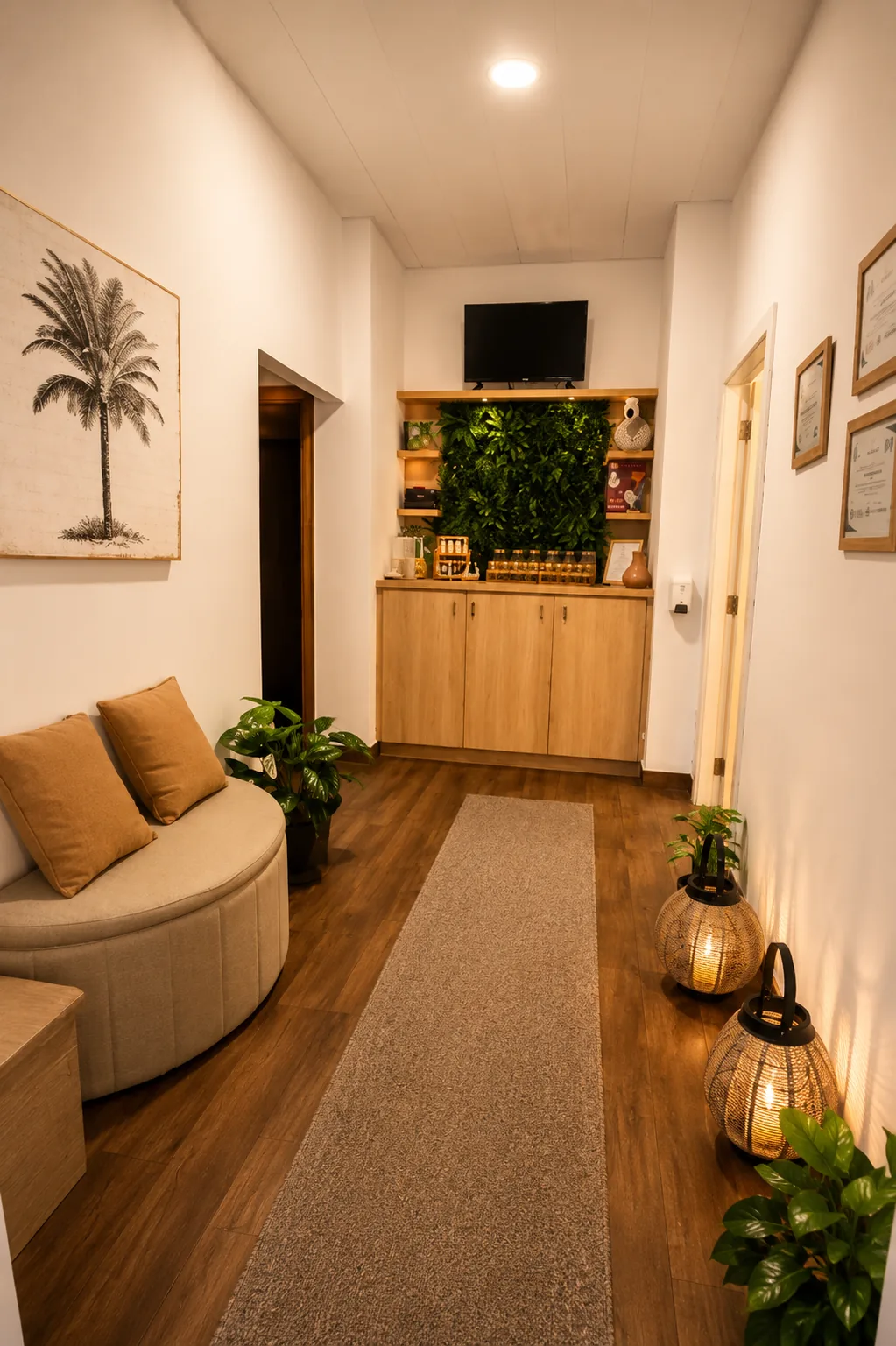 Sala de receção da Integrativa com sofá, plantas e luz acolhedora