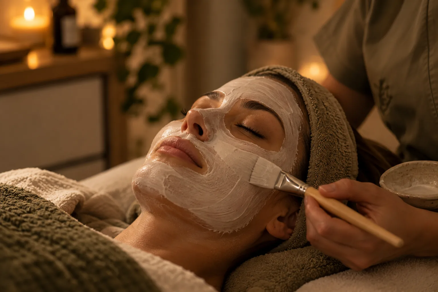 Detalhe de um tratamento facial aplicado com pincel